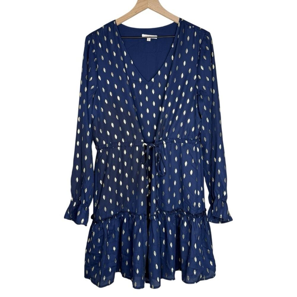 Skies Are Blue Luna Navy Gold Foil Ruffle Mini Dress XL Wedding Guest